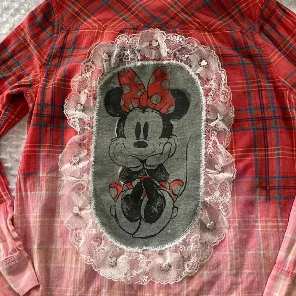 Jcrew Up Cycled Women Handmade Bleach Disney Minnie Mouse Flannel Sz 12 - Picture 3 of 11
